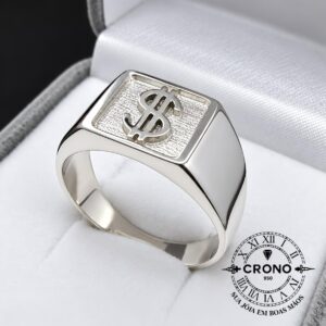 Anel masculino de prata 950 com desenho vazado em formato de cifrão ($) - Crono Joias