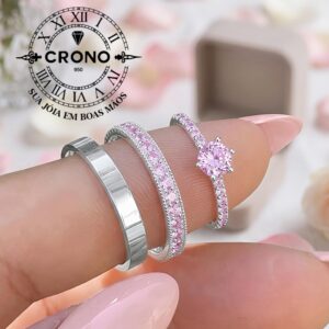 Trio Aliança Cravejada Zircônia Rosa Prata 950